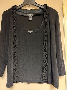 Xscape Black Ruffle-Trim Two-Piece Sweater Set camisole is 1x and sweater size L